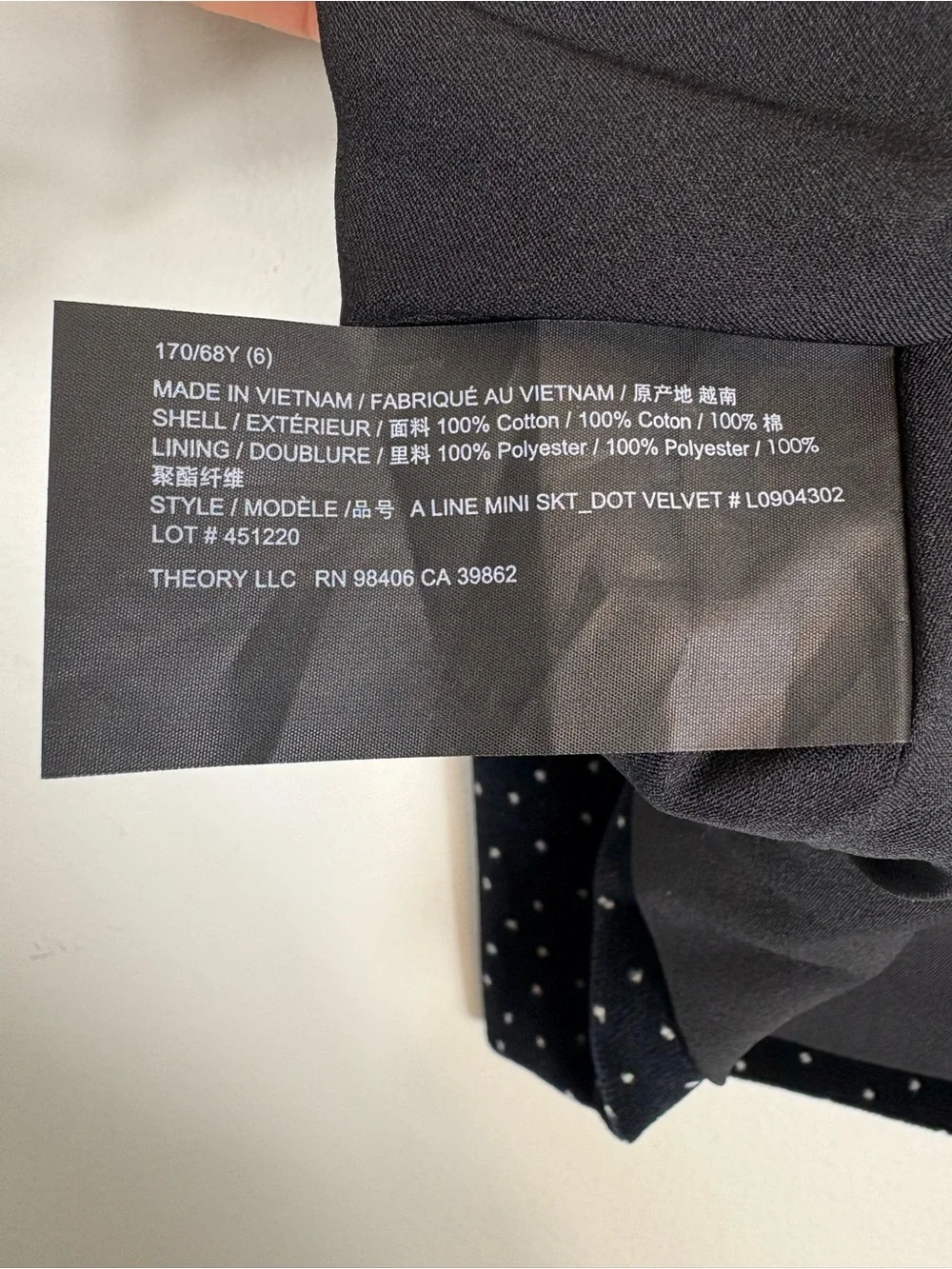 Theory A Line‎ Mini Skirt Black/White Dot Velvet Skirt Size 6